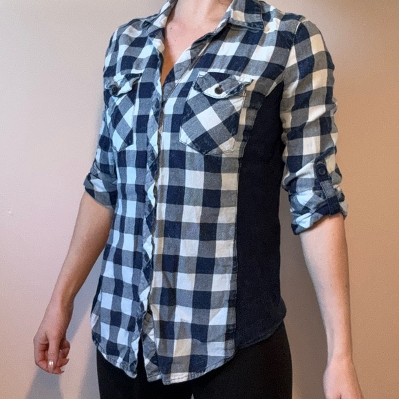 Blue Plaid Button Down Blouse - Picture 1 of 7